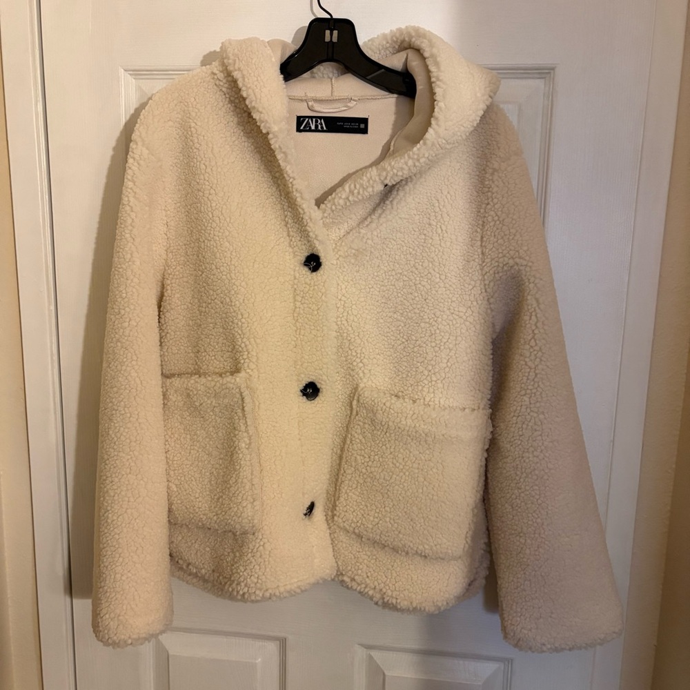 Zara Cream Teddy Jacket with Hood